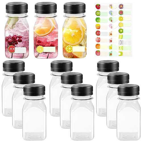 HXC Shot Bottles with Lids 4oz Juice Bottles Small Plastic Bottle Reusable | 12 Pack 120ml Juice Shot Bottles Mini Empty Smoothie Bottle with Fruit Stickers for Smoothie Milk Drink Water Containers