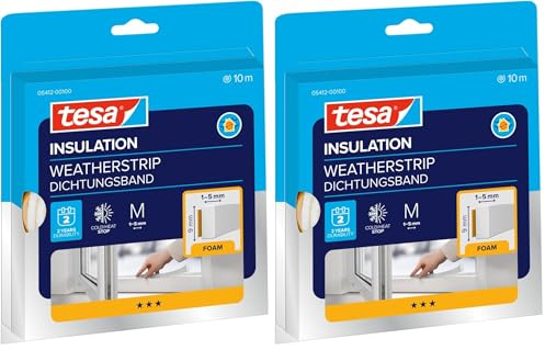 tesamoll Universal Schaumstoff - Schaumstoffdichtung zum Isolieren von Spalten im Haushalt, selbstklebend - Weiß - 10 m x 9 mm x 5,5 mm (Packung mit 2)