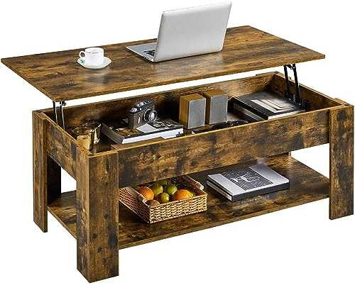 Yaheetech Couchtisch Höhenverstellbarer Kaffeetisch mit verstecktem Stauraum und Verstellbarer Ablage Sofatisch Wohnzimmertisch aus Holz Beistelltisch für Wohnzimmer/Büro, Rostbraun