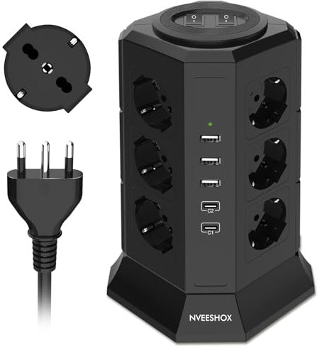 NVEESHOX Ciabatta Multipresa con 12 Prese Schuko (4000W 10/16A) & 2 USB-C (20W PD3.0) & 3 USB-A, IT Multipresa Verticale Protezione Sovratensione con Interruttore,Presa Multipla Cavo 2 M (Nero)
