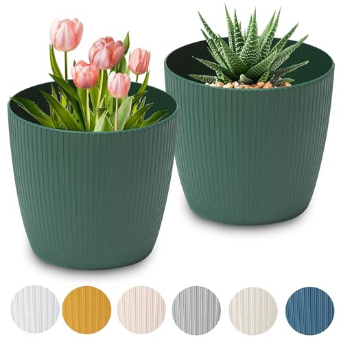 PECZEKO Macetero mate, macetero de plástico, maceta decorativa para plantas grandes, 2 maceteros de flores, macetero para hierbas, 2 unidades, verde, diámetro de 22 cm