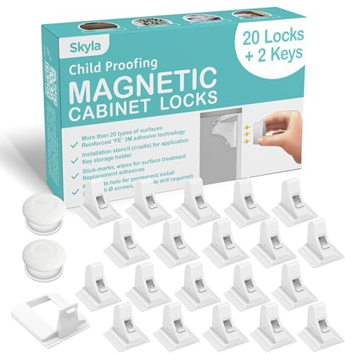 SKYLA HOMES Magnetic Cabinet Locks Baby Proofing Child Safety - The Safest Quickest and Easiest Multi-Purpose 3M Adhesive Child Proof Latches, No Screws or Tools Needed (20 Pack)