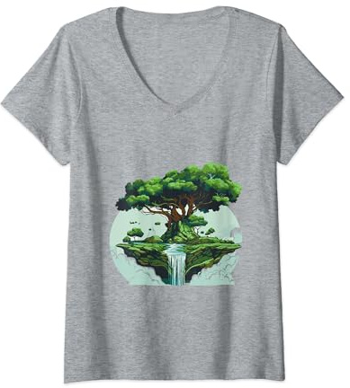 Île flottante majestueuse en chêne avec motif nature T-Shirt avec Col en V