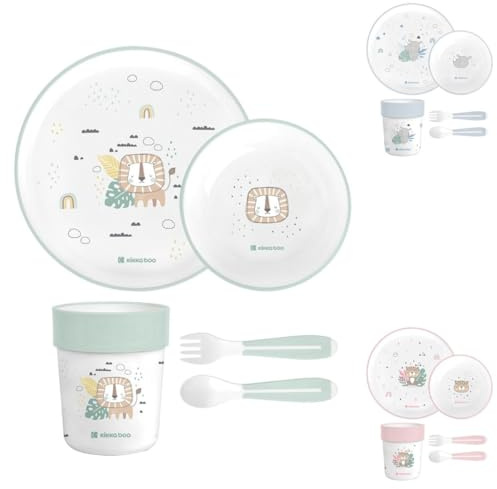 Kikkaboo Kindergeschirr Set Savanna 5-teilig Tiermotiv, Schale, Teller, Besteck hellgrün