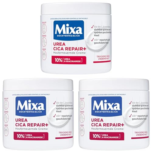 Mixa Urea Cica Repair+ Set: 3er Pack | Hauterneuernde Creme (3x400ml) | Gegen trockene, rissige & irritierte Haut | Mit Urea & Niacinamide| Für Gesicht, Körper & Hände | Zieht schnell ein