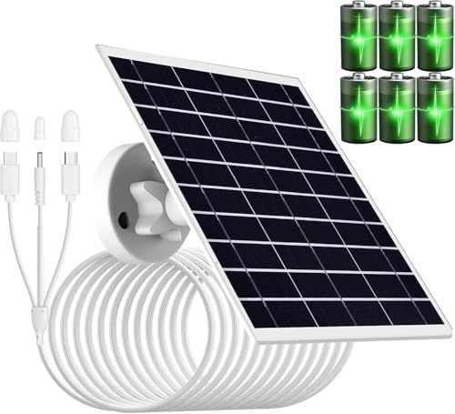 Panel solar de 9W/5V con batería recargable integrada de 15600mAh, con cable de carga 3 en 1 de 5pies (micro USB, tipo C y conector DC3.5 x 1.35) para cámaras de seguridad y otros dispositivos