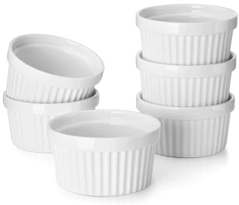 Juego de 6 ramequines de 8 onzas, ramequines de crema brulee aptos para horno, juego de ramiken de porcelana, soufflé, tazas de natillas para hornear y cuenco de helado (blanco)