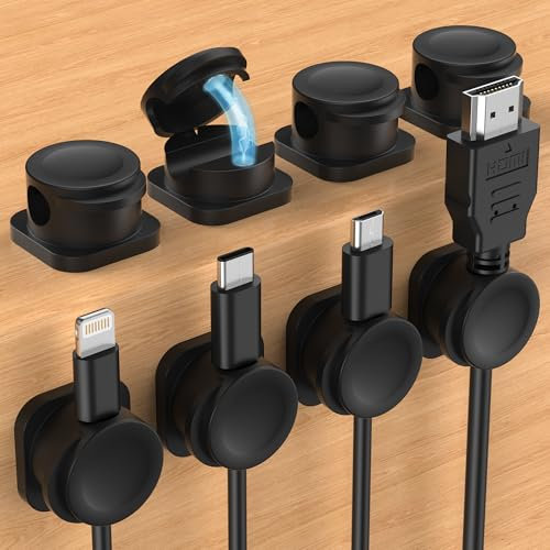 Cable Organizer Holder Clips, 8 Pack 2025 Upgraded Magnetic Desk Cable Clips Management, Wire Holder Organiser for Nightstand, Kitchen Appliances, Office Supplies, Phone Cable, Wall, Car - Black (7mm)