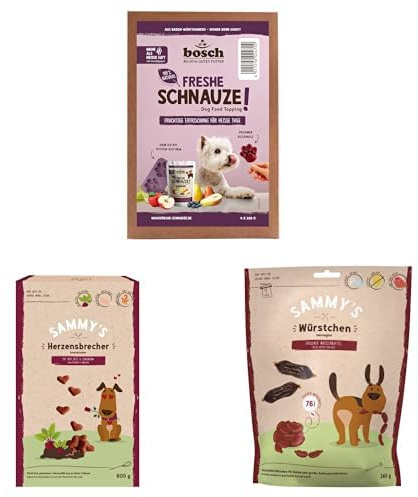 Bundle: Ergänzung für Hundefutter - Freshe Schnauze Aktionspaket Frucht Topping 4 * 200 g + GRATIS Eisform + Sammy's Herzensbrecher 1 * 800 g + Sammy's Würstchen 1 * 240 g
