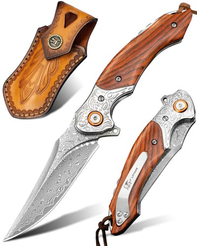 LOTHAR TUNA Couteau de Poche Damas à une Main, Couteau Pliant en Acier Damas 67 Couches VG10, Couteau Damas à une Main Avec Clip de Ceinture, Pour Collection ou Cadeau (A-Bois-clip)