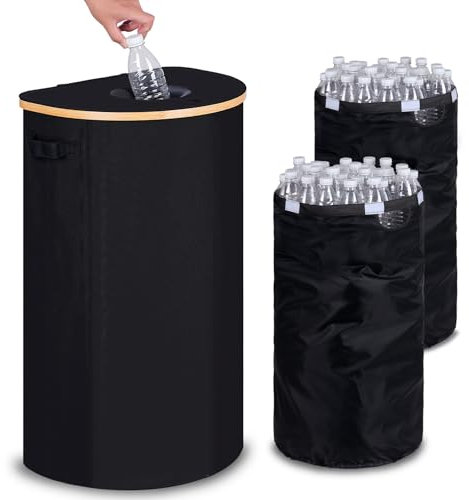 efluky Pfandflaschen Sammelbehälter mit Deckel, 100L Groß Pfandflaschen Aufbewahrung mit Zwei Tragetasche, Schwarz Behälter Leergut & Altglas Aufbewahrung, Flaschensammler mit Loch für Küche