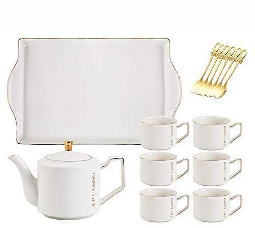 sjdoPulse Porcelain Coffee Service Set White Tea Sets With Tray Teaspons, Tea Cup Teapot With 6 Cups, Modern Tea Service For Tea Coffee Water