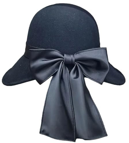 OLSKFUH Winter-Glockenhut Für Damen, Fedora-Hüte Aus Wolle, Warm, Breite Krempe, Schlapphut Mit Schleife, Kirchenkleid, Filz-Anglerhut,Black-One Size