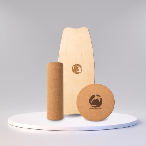 HILLSEYE Balance Board aus Holz | Handgefertigt | Freestyle & Fitness Board mit Kork-Rolle & Kork-Halbkugel | Surfen & Gleichgewichtstraining für Indoor & Outdoor (Inkl. Korkrolle + Korkhalbkugel)