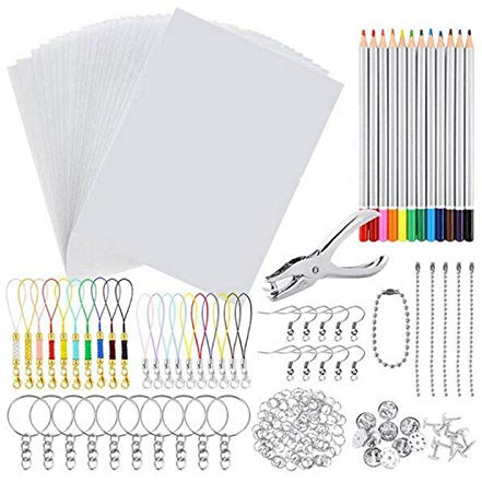 Asyduey 198 StüCk Schrumpfend Kunst Papier WäRme Schrumpf Blatt Kunststoff Kit Locher SchlüSsel AnhäNger Bleistifte DIY Zeichnung Kunst Waren