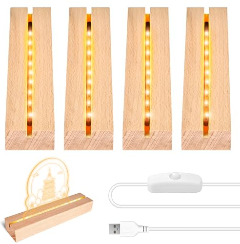 BORDEAG 4 Stück LED Lichter Display Basis, LED Sockel, Holz LED Lichtsockel, Leuchtsockel mit USB-Kabel, Rechteckig Holzbeleuchtung Basis Stand für 3mm Dicke DIY Acrylplatte Glas Platte Harz Kunst