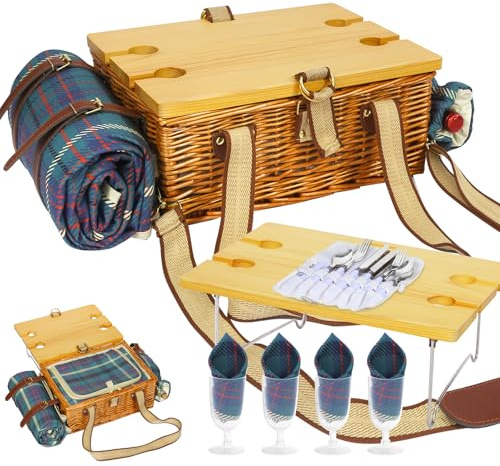 HYBDAMAI Ensemble de panier de pique-nique avec table pliante et couverts - Panier de pique-nique pour 4 personnes, avec sacs isothermes, panier tressé avec anse, panier en osier - Coffret cadeau pour