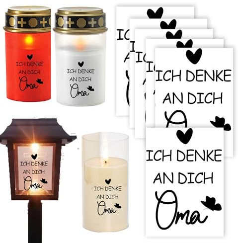 Grabkerzen-Aufkleber Set 'Ich denke an dich Oma', 6 Stück, Grabschmuck für Friedhofskerzen, Grablicht Dekoration Friedhofskerze, Grabdeko Muttertag, tod, Trauer