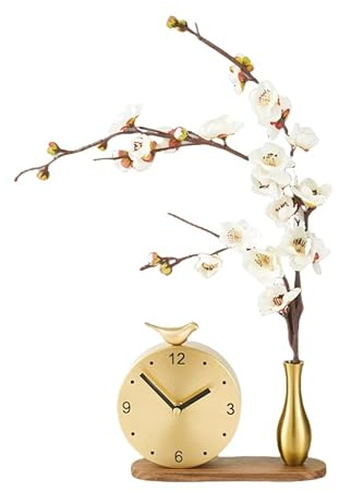 RHYRGWEK Moderne Messing Vogel Tischuhr Leise Minimalistisch Kreative Desktop Deko für Zuhause oder Büro （Blumen-Edition） (Blumen-Edition)
