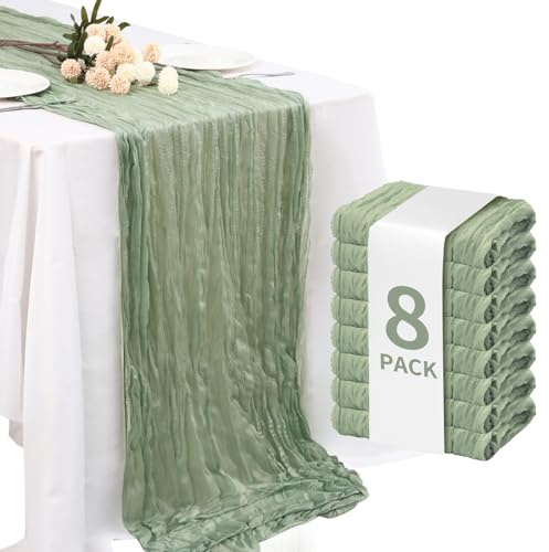 Sage Green Cheesecloth Table Runner 35x120 Inch Gauze Cheese Cloth 8 Pack for Baby Shower, Boho Decor, Wedding Decoration, Jungle Theme Party