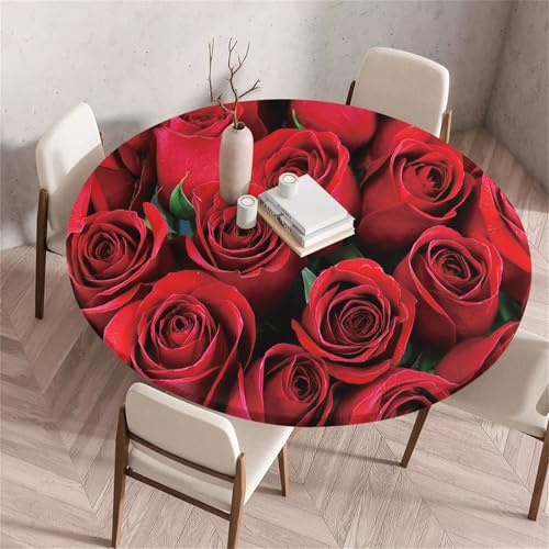 Treer Bunter Rosendruck Tischdecke Outdoor Rund, Lotuseffekt Tischdecke Abwaschbar Elastisch Rund Gartentischdecke, für Garten, Küche, Esstisch, Parteien Tischdecken (Rot,80cm)