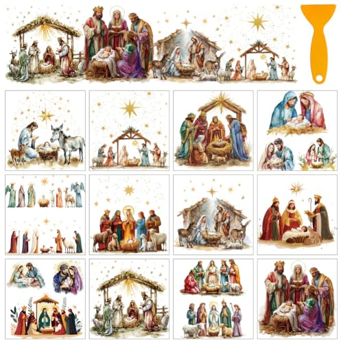 AHANDMAKER 12 Sheets Christmas Nativity Scene Window Clings Christmas Rub on Transfer Stickers Furniture Decal for Home School Office Decoration DIY Crafts Supplies, 5.5x5.5