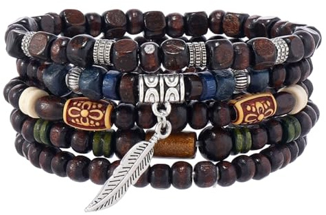 JJDreams Armband im Tribal-Stil aus Holzperlen, geeignet für Männer und Frauen, kombiniert mit einem Federanhänger.