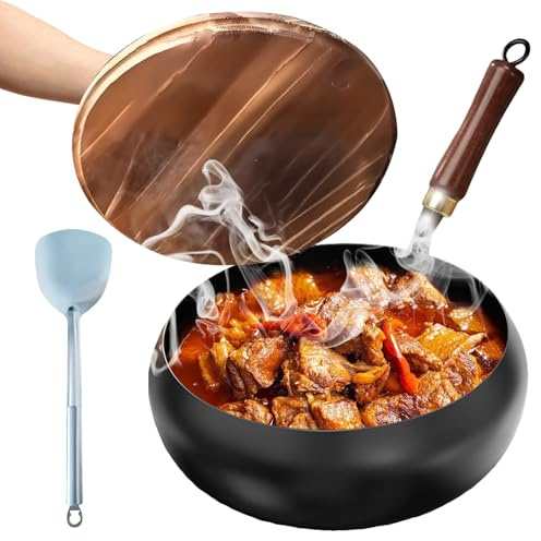 Non Stick Wok Pan,Deep Stir Fry Pan with Lid,24cm Frying Pan,Deep Stir-Fry Pans with Lid,Wooden Handle,Uncoated Flat Bottom Iron Wok for Induction, Electric, Gas Stoves, All Stovetops Hobs (Black)