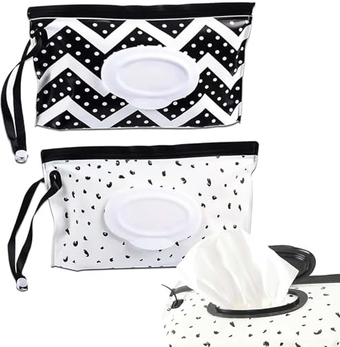 Feuchttücher Tasche für Babys Feuchttücherbox unterwegs，Wiederverwendbar Wet Wipe Tasche Feuchttücher Behälter fürZuhause, Unterwegs, Büro 2 Stück (Schwarz und Weiß)