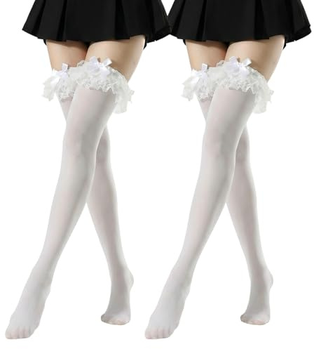 Qwrqwr 2 par kostymstrumpor dam med volanger Lolita knästrumpor overknees strumpor flickor bekväma vita strumpor, Vit B, one size