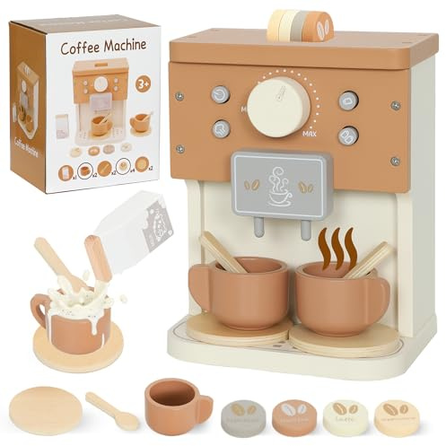 AIYAPLAY Kids Wooden Coffee Machine Toy Gift for Boys and Girls Ages 3+ | Pretend Play Kitchen Accessories with Toy Food, Coffee Playset, Pretend Role Play