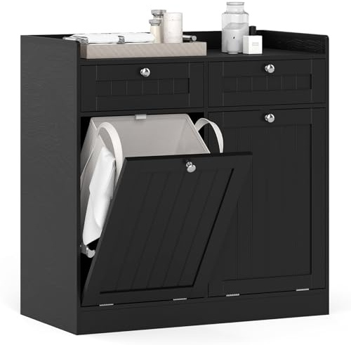 COSTWAY Laundry Cabinet, Tilt Out Laundry Hamper Bathroom Storage Cabinet with Drawer & Removable Liner Bag, Freestanding Wooden Dirty Clothes Basket Chest Organiser Unit (2 Drawers+2 Baskets, Black)