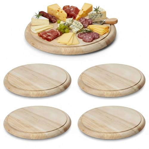 LS-LebenStil Holz Fleischteller 25cm Rund Nachhaltig 4er Set Birke FSC Schneidebrett mit Saftrille Brotzeitbrett Schneidebrett Servierteller Pizzateller Vesperbrett Käsebrett Steakbrett Holzbrett