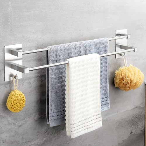 OETAMS Handtuchhalter Ohne Bohren mit 2 Handtuchhaken Handtuchstange Silber | Selbstklebend Wandmontage Badetuchhalter 304 Edelstahl Handtuchhalter 2 Stangen Habdtuchhalterung Silber 61CM Wandregal