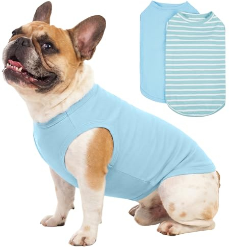 Lelepet 2 Stück Hund T-Shirt, Sommer Baumwolle Hundeshirt, Atmungsaktiv Ärmellose Hundeweste, Gestreifte Hundekleidung Weich & Leicht Hundehemd für Kleine Hunde Katzen, Blau XS