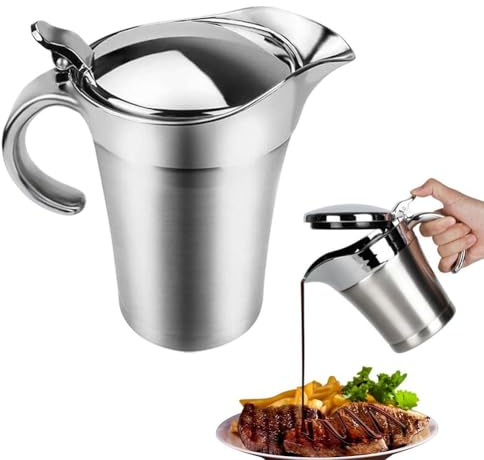 Gravy Boat with Lid,25Oz Stainless Steel Gravy Jug,Double-Walled Insulated Gravys Jug,Double Wall Gravys Boat with Non-Drip Spout with Cover,for GravyCustard Cream Sauce,Keeps Food Warm or Cool
