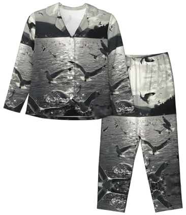 WBQLSL Set pigiama caldo da donna, pigiama a maniche lunghe con stampa gabbiano bianco, relax a casa, Nero , M