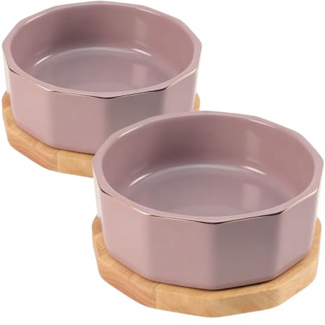 SNOEKIE Keramik Futternapf 2er Set mit Bambus Anti-Rutsch-Boden, Hundenapf & Katzennapf, matt lila mit goldenem Rand, für 700 ml Wasser oder 360 g Futter