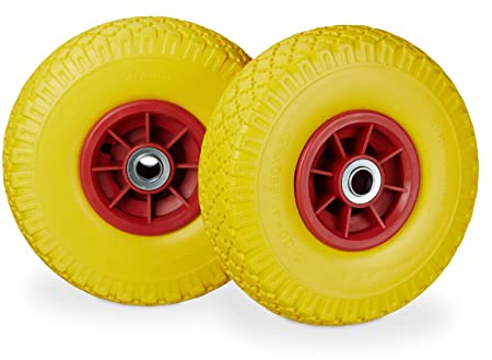 Relaxdays 2x Sackkarrenrad 2er Set, pannensichere Vollgummireifen, gelb-rot | 3.00-4 Zoll, 20mm Achse, bis 80 kg, 260 x 85 mm