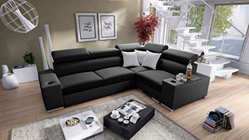 All4All Ecksofa mit Schlaffunktion Plato 282x205 cm - Sofa mit Bettkasten - Schlafsofa L-Form - Eckcouch - für 4 Personen - Wohnzimmer - Seite rechts - Schwarz 26