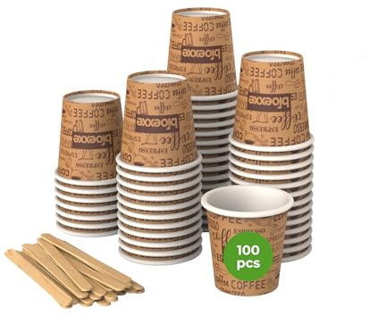 bioexxe Kit Completo 100 Pz Bicchierini Caffè espresso Carta 75ml + 100 Pz Palette Monouso Ecologici Biodegradabili - usa e getta Sostenibili (marroni)