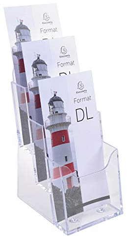 Exacompta - Ref. 73158D - Set of 4 flyer dispensers on table - 3 compartments - Monobloc - Dimensions: Prof.11.2 x width.11.5 x Height.21.8 cm - Format to file DL-10x21 cm - Crystal