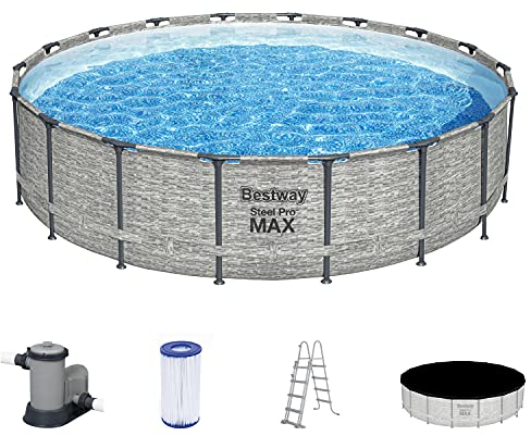 Bestway Steel Pro MAX Frame Pool Komplett-Set mit Filterpumpe Ø 549 x 122 cm, Steinwand-Optik (Cremegrau), rund