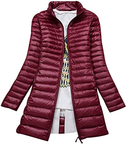 Chaqueta Plumas Ligeros Mujer Largo Plumífero Ultraligero Invierno Anorak Puffer Down Jacket Abrigo Cazadora Plumones Rojo 3XL