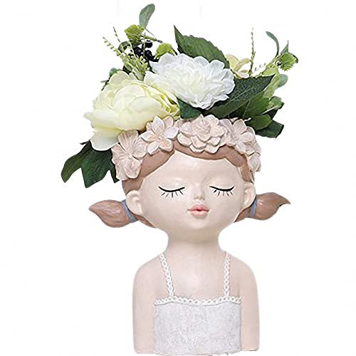 AJEYPMZ Hauptdekoration Persönlichkeit Mädchen Gesicht großen Harz Blumentopf, Wohnzimmer Desktop Landschaft Vase Dekoration, Boden undicht Loch mit Gummistopfen,Pink2,27cm
