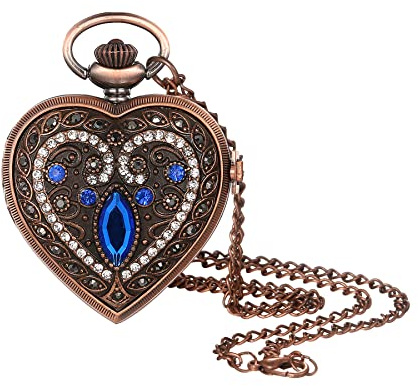 Avaner Taschenuhr mit Kette Herz: Modern Diamant Taschenuhr mit Arabischen Ziffernskala Halskette Pulloverkette Analoge Quarz Uhr als Geschenk für Frauen Männer