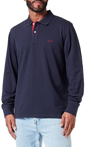 GANT Men's Reg Contrast Pique LS Rugger Long Sleeve Polo Shirt with Contrast Logo, Evening Blue, L