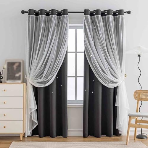 Anytime Romantischer Kindervorhang, ausgehöhlte Sterne, Fenstervorhang, Gardinen, doppellagig, Verdunkelungsvorhänge für Mädchen, Schlafzimmer, Kinderzimmer, 2-teilig, (B 52 x L84, schwarz)