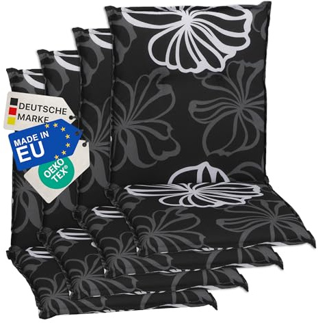 NYVI Gartenstuhl Auflagen Niedriglehner 4er Set Barcelona - UV-Beständig, Atmungsaktiv, Strapazierfähig - Niedriglehnerauflagen Outdoor - Sitzauflagen für Gartenstühle 100x50cm Black Flower
