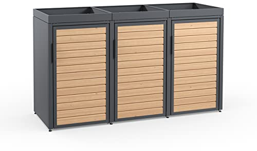 MEISTERBOX Forst - 3er Mülltonnenbox - Mülltonnenverkleidung mit Pflanzdach - Mülleimerunterstand 240L - Holzelemente